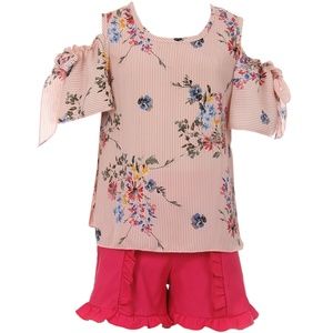 Cold Shoulder Top Short Pant Girl Set Fuchsia